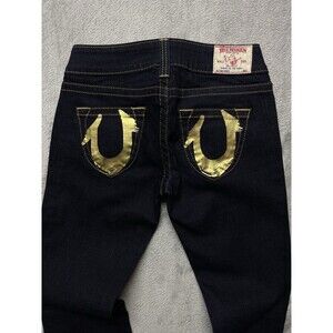 True Religion Bobby Gold Painted Pockets Women's Low-Rise Bootcut Jeans Sz 28